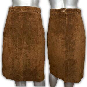 Vintage 90s Tristan & Iseut Brown Suede Leather Mid-Length Pencil Knee Skirt 8 M